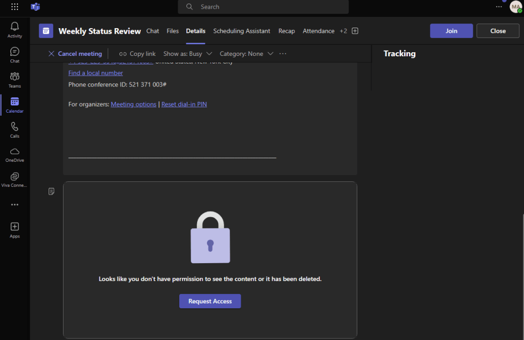 Image showing a broken link between a Collaborative Meeting Note and a Meeting object