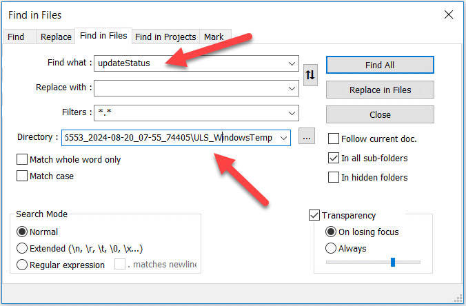 Find in Files Notepad++ Dialog